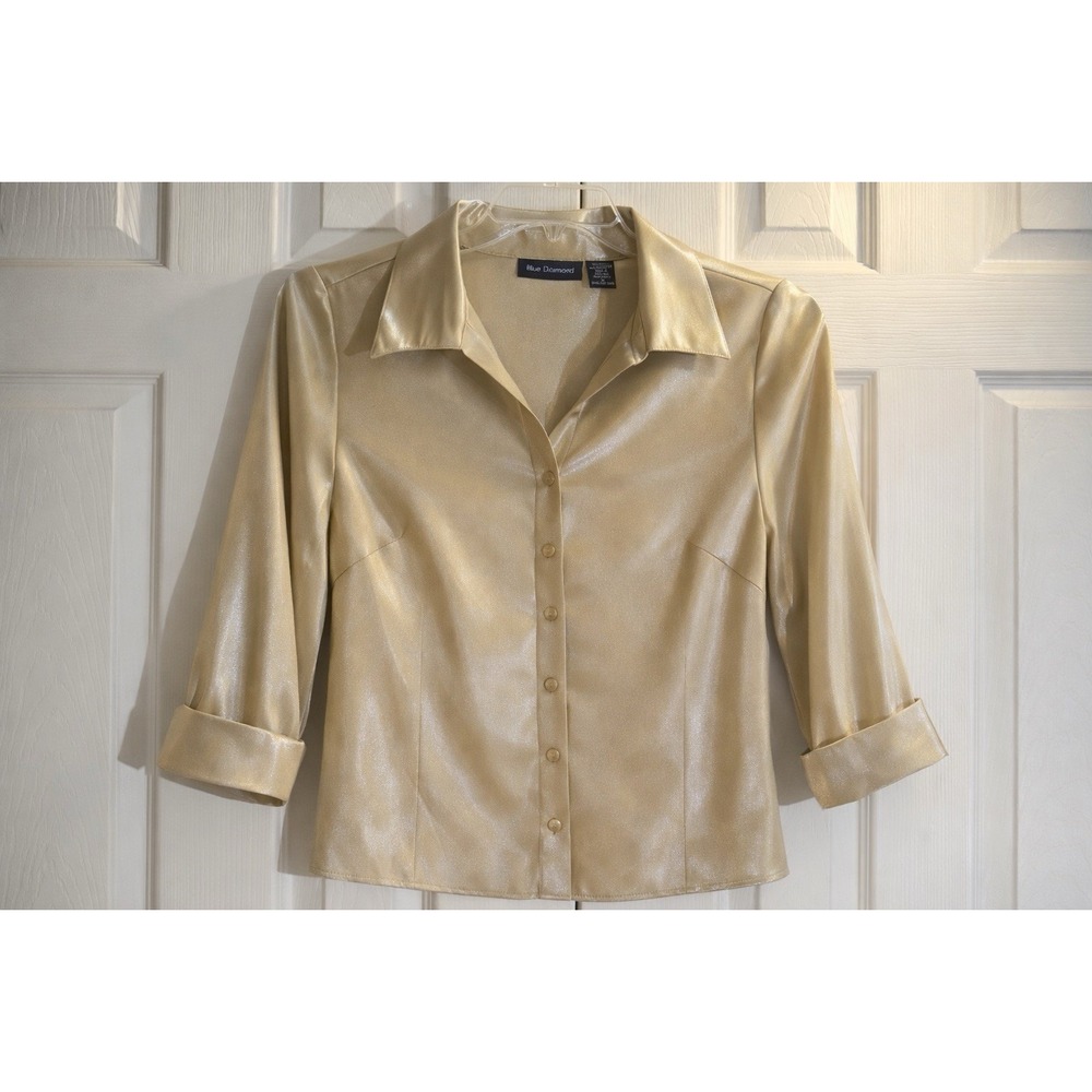Blue Diamond Womens Medium Metallic Gold Blouse Button Front Stretch Top